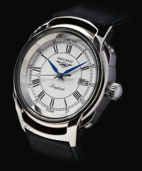 L1 watch on black leather strap close up