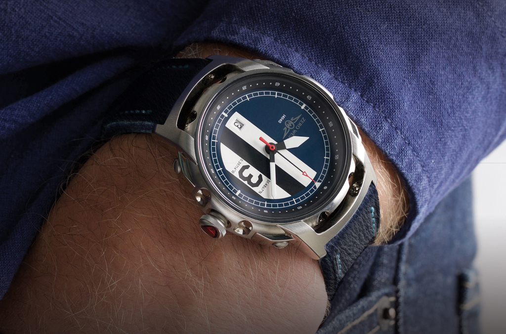RAF-C watch on blue leather strap wrist shot