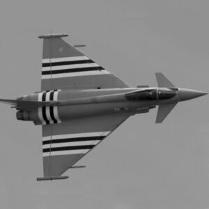 Typhoon jet with invasion stripes, side on in black and white