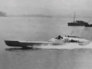 Miss Britain III hydroplane record, Southampton water, black and white photograph