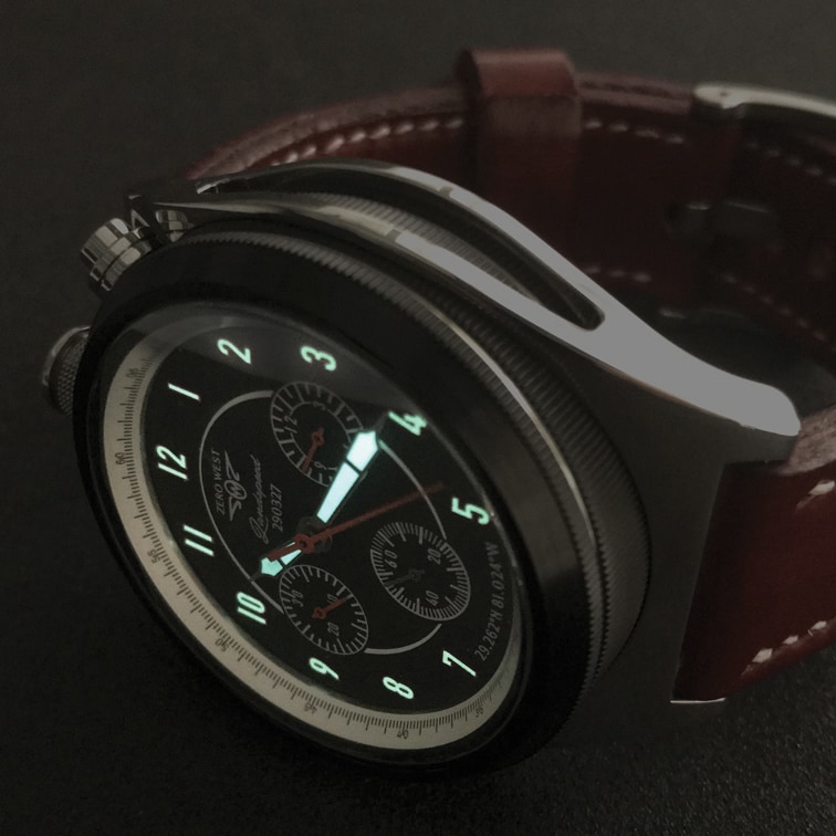 Night photograph of the LS-1 Land speed chronograph watch with SuperLuminova X1 print