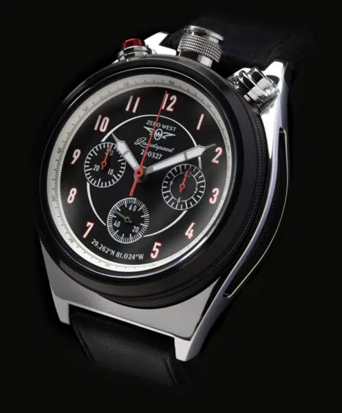 LS1 watch on black leather strap close up