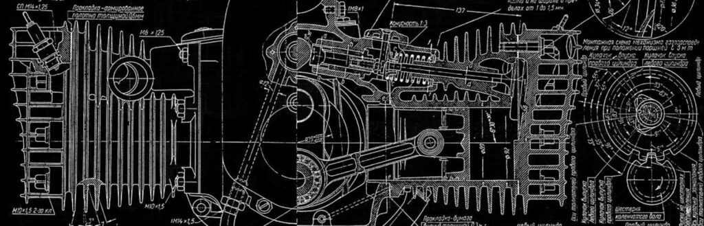 Technical drawing of motorcycle engine