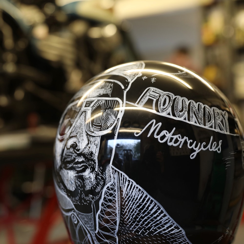 Custom Foundry Motorcycle helmet with cool illustration in black and white