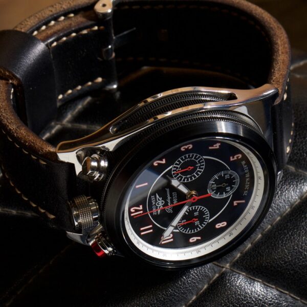 LS1- Landspeed bullhead watch from Zero West on leather motorcycle seat
