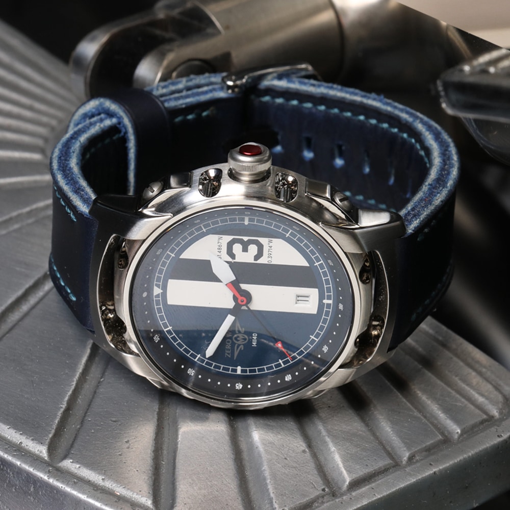 RAF-C aviation watch form Zero West Watches on metal motorcycle footplate