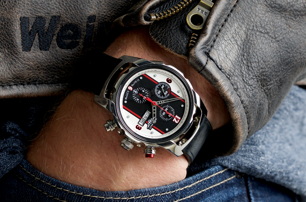 CR1 watch on black leather strap close up wrist shot