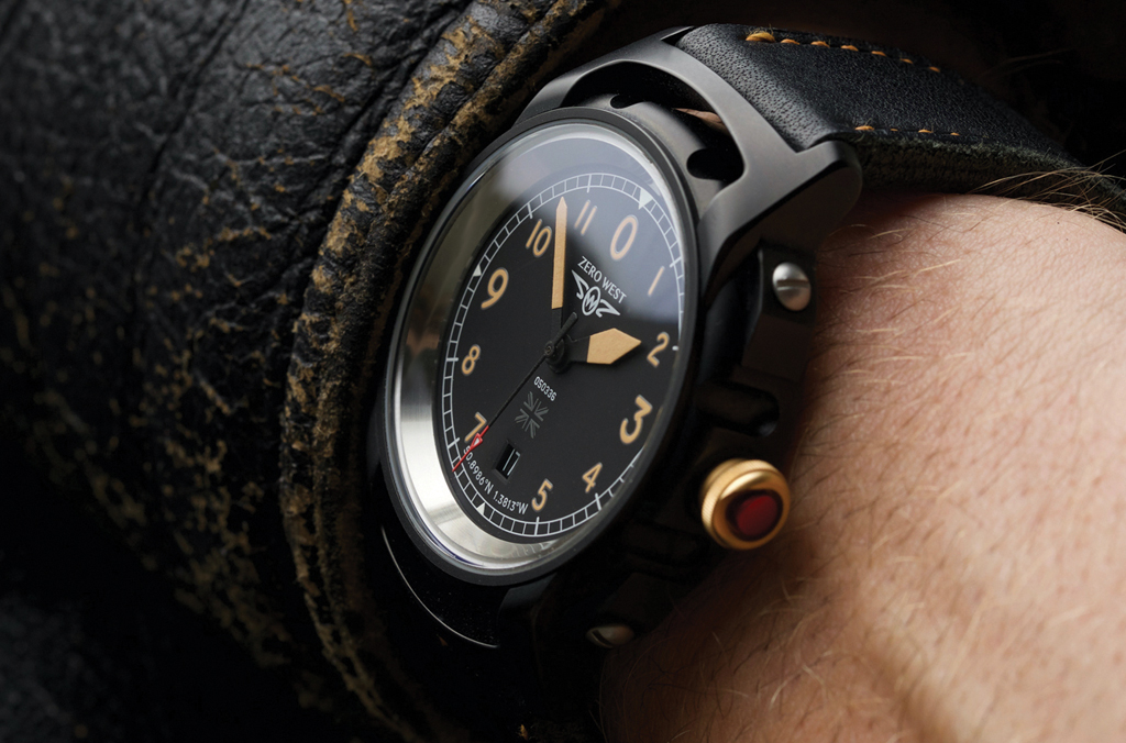 S1 watch on black leather strap with caramel stitching wrist shot