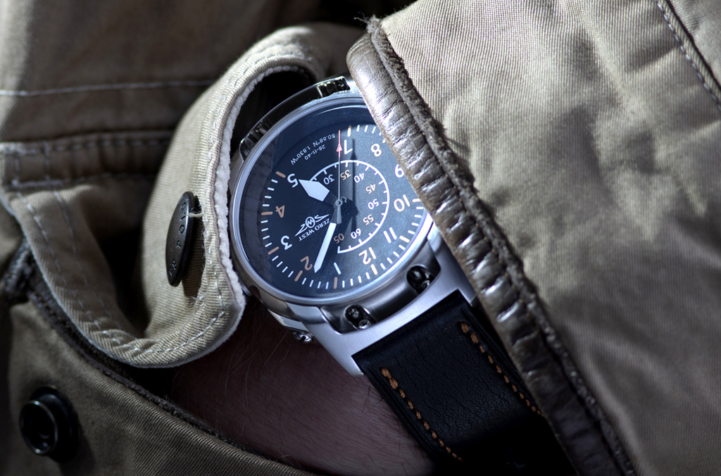 S3 watch with leather strap wrist shot with denim jacket