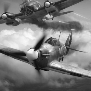 Black and white picture of Hurricane in dogfight