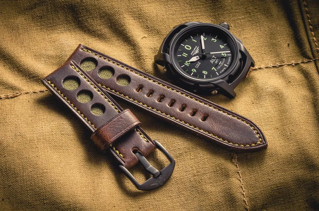 DB1 Blackout watch with nutbrown leather strap with green stitching and green inset canvas