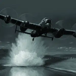 Lancaster bomber over dam with splash from bomb drop