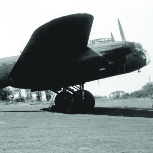 Black and white photo of Lancaster bomber ED825