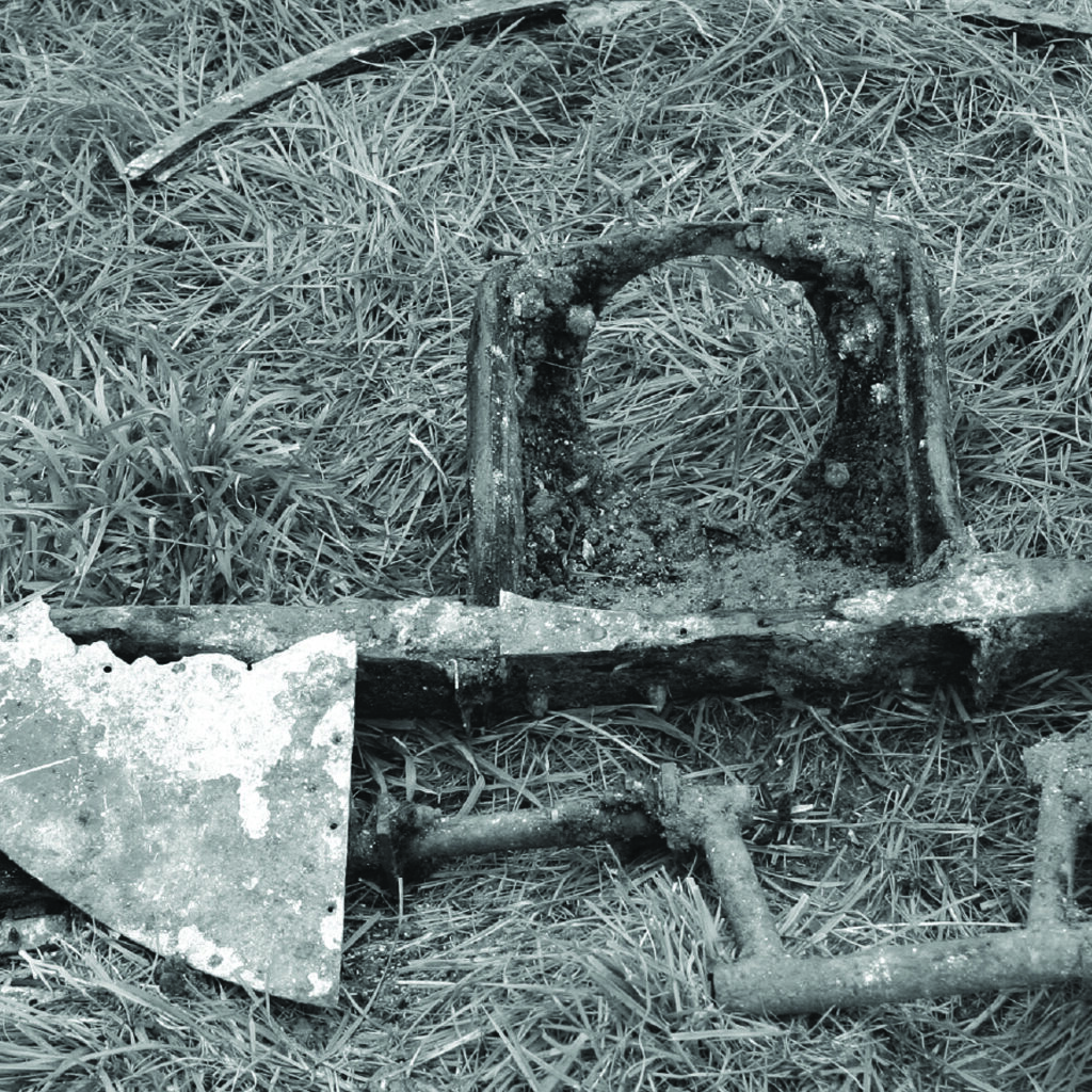 Pieces of metal from Lancaster bomber ED825 laying on the ground