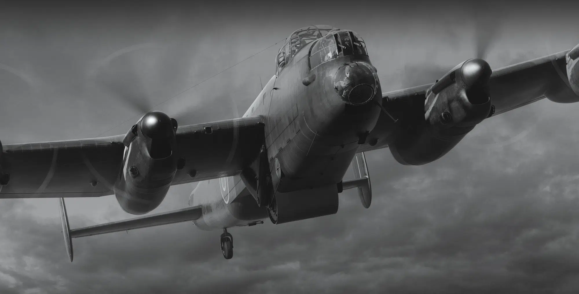 Black and white picture of Lancaster bomber in flight