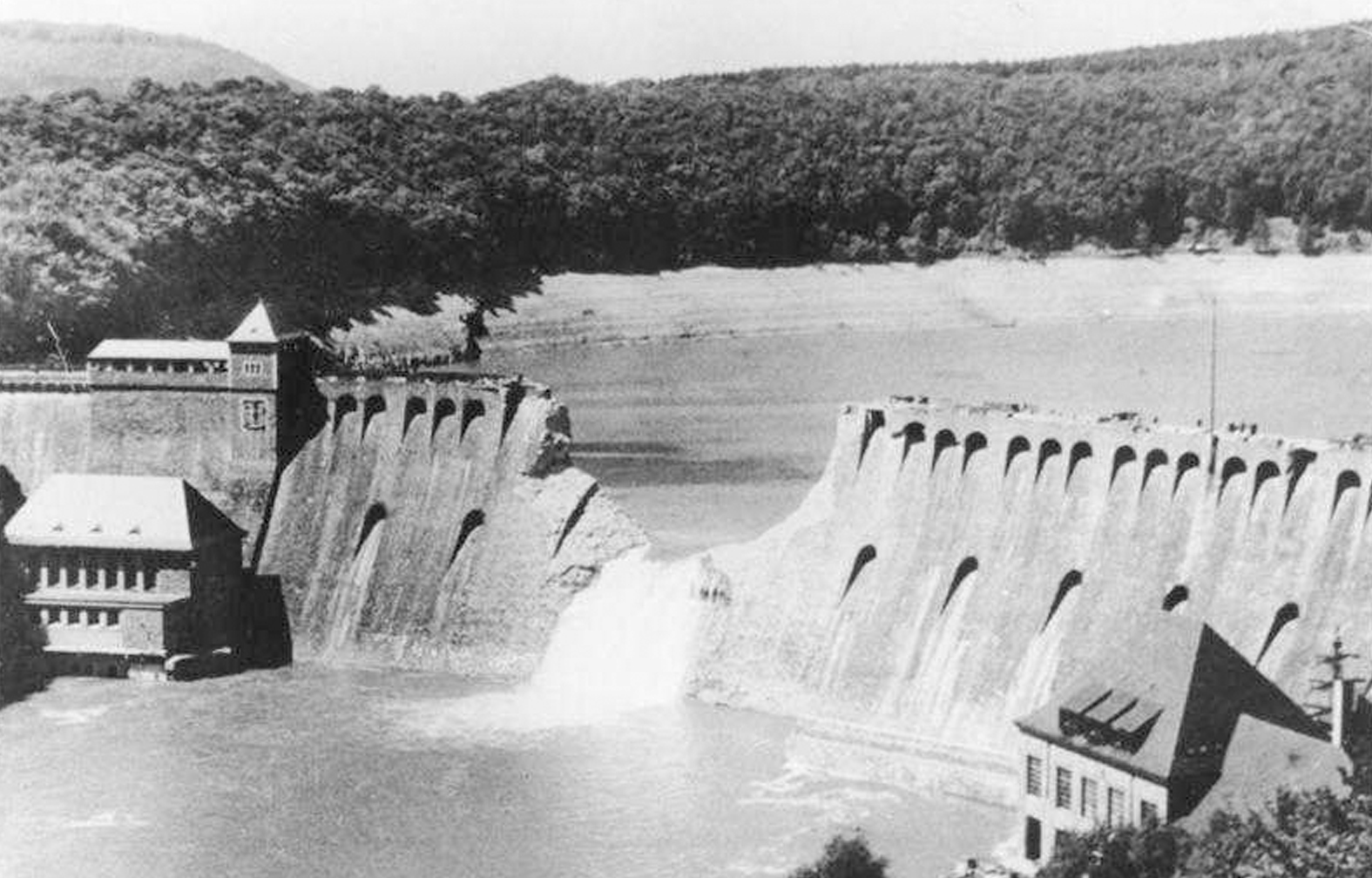 Black and white photo of destroyed dam in Germany