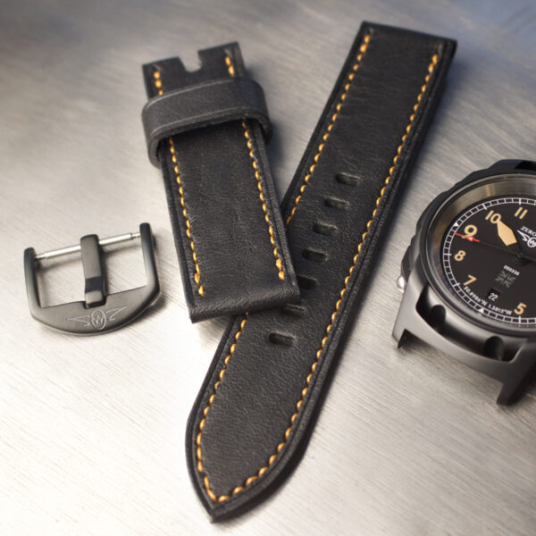 S1 watch with separate black leather strap with caramel stitching