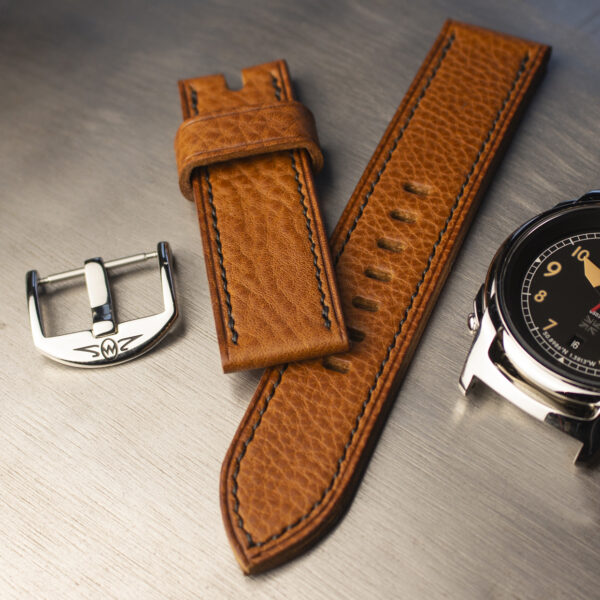 S2 watch with separate tan leather strap with black stitching