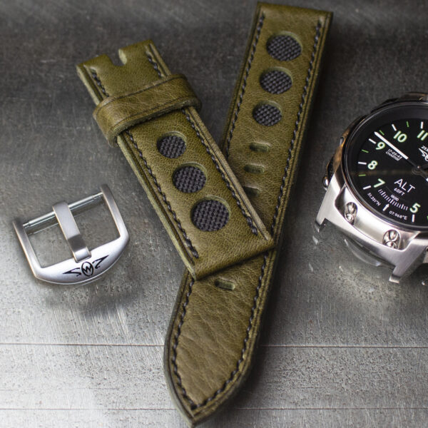 Close up of olive green strap and DB-1 watch