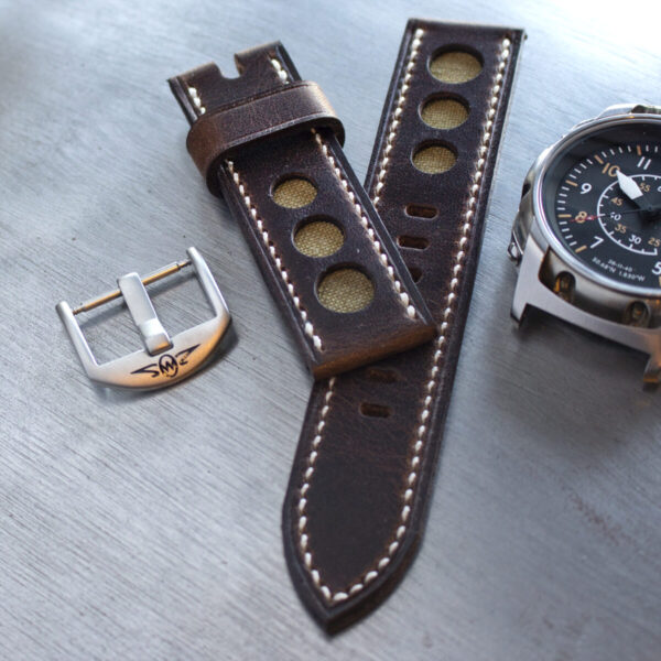 Nutbrown leather strap with white stitching and inset WW2 canvas separate buckle and zero west S3 watch