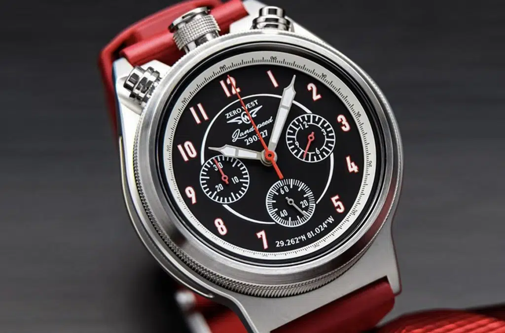LS2 watch with red strap close up