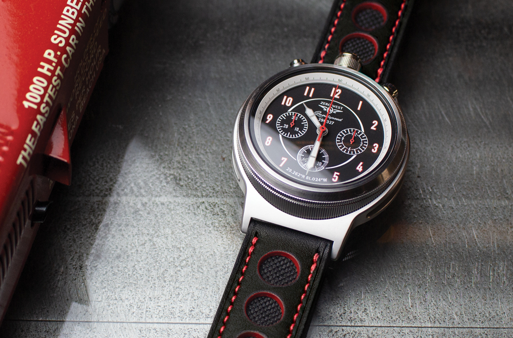 LS2 watch on black leather strap with red stitching black canvas red painted rally holes