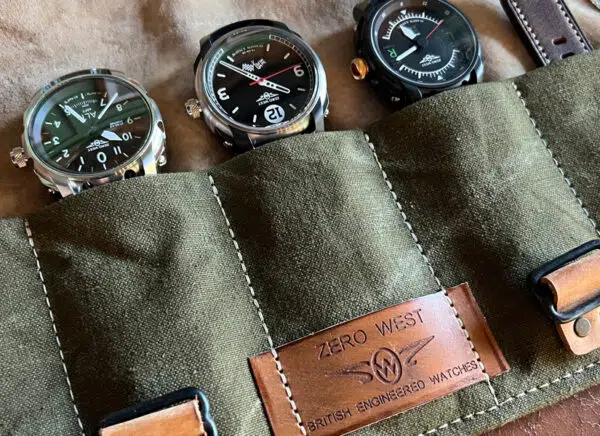 Zero West watch wallet made from army canvas with watches inside