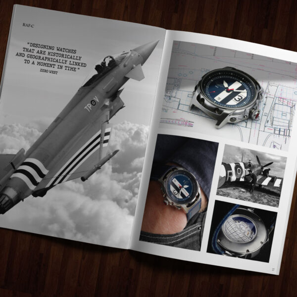 Brochure spread of RAF-C watch with watch on top