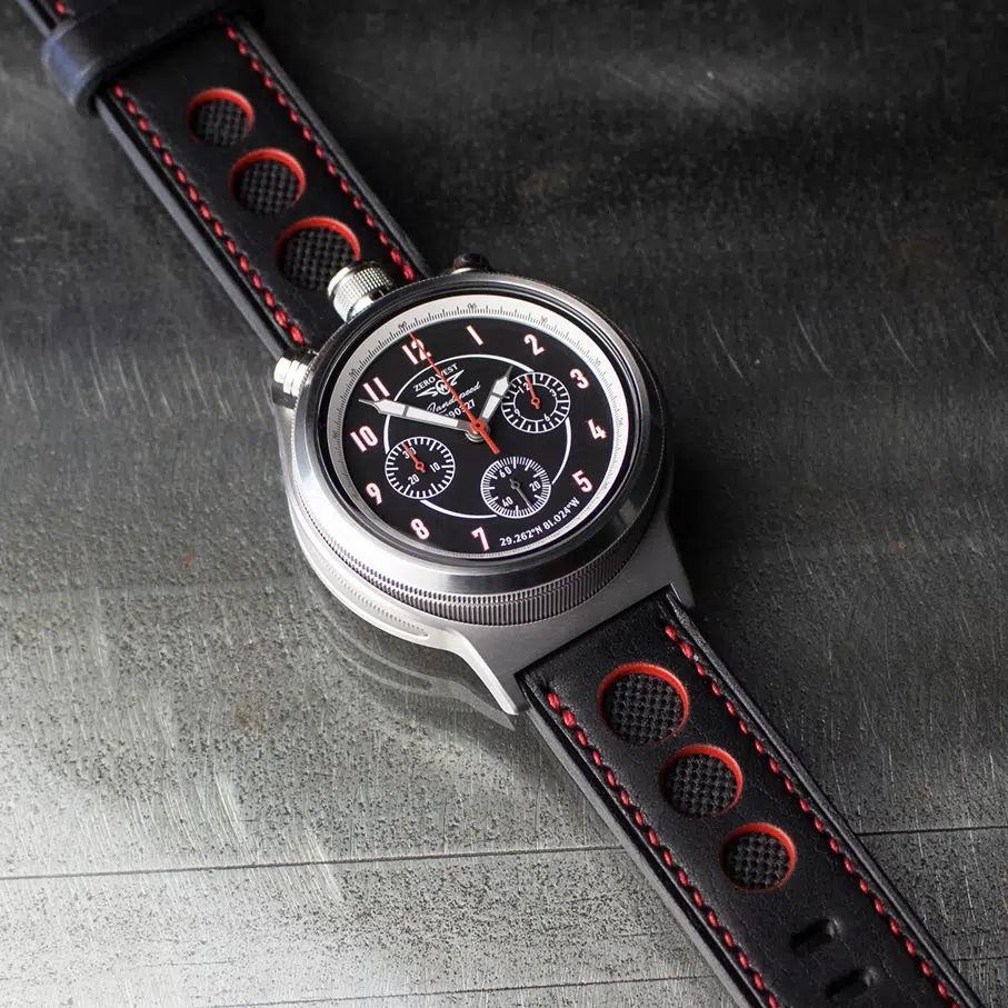 LS-2 watch on black leather strap with red stitching and red edge painted rally holes