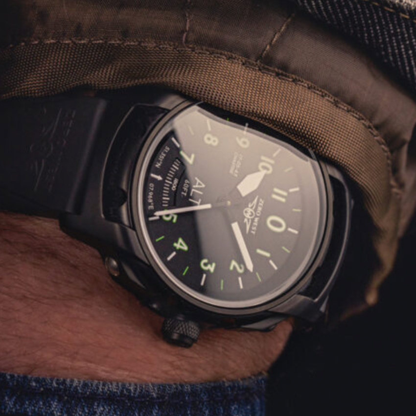 Wrist shot of DB-1 blackout watch