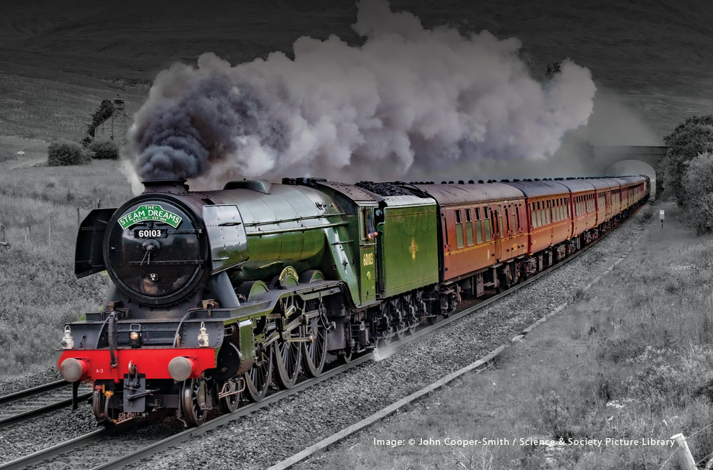Flying Scotsman travelling through countryside