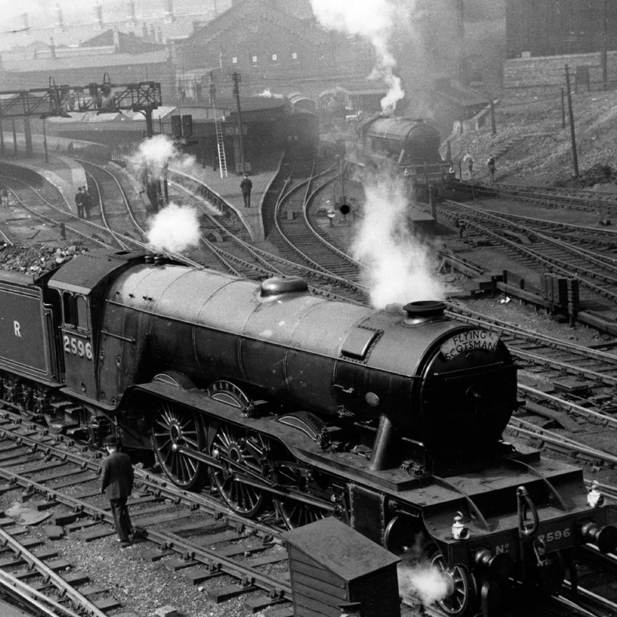 Black and white photo of Flying Scotsman