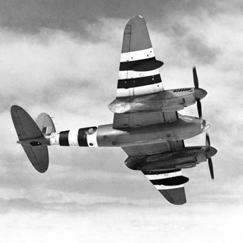 Mosquito aircraft from below showing invasion stripes