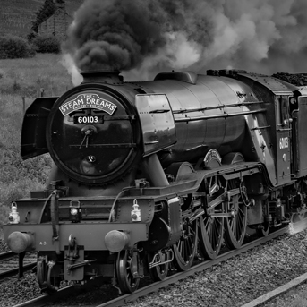 Black and white photo of Flying Scotsman