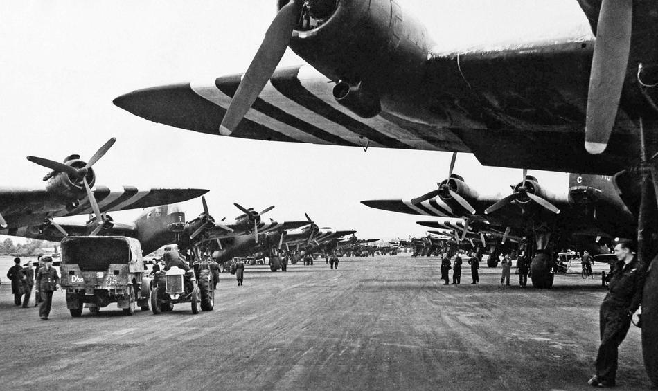 Rows of aircraft showing invasion stripes