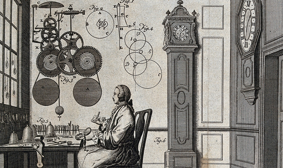 Illustration of man at desk with grandfather clock