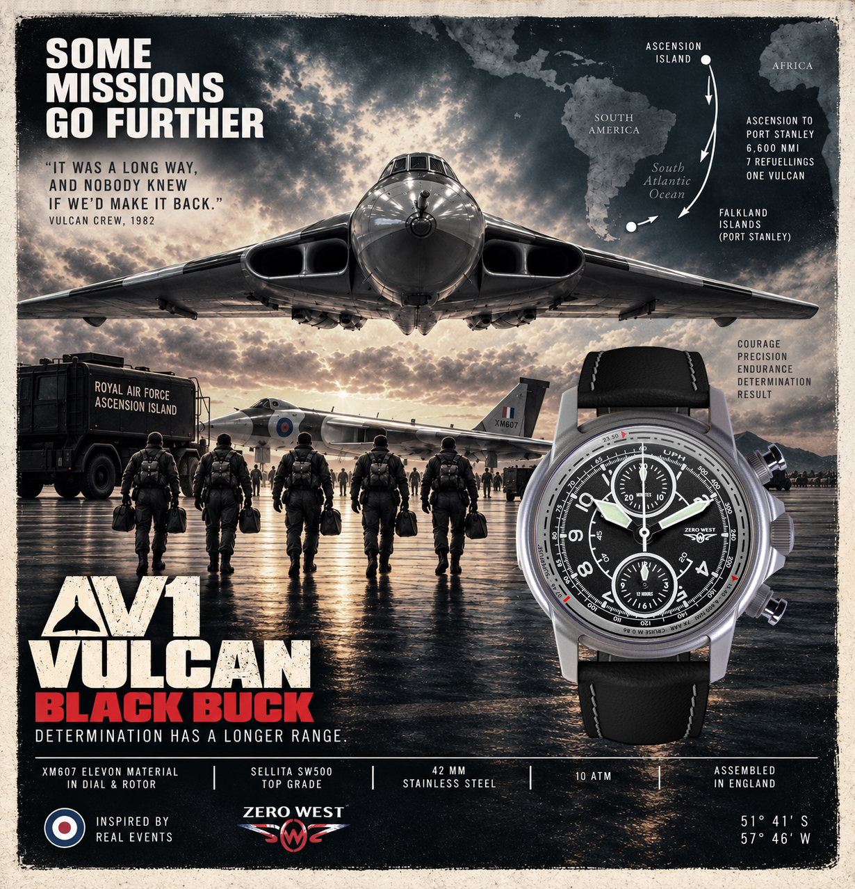 An old time style poster featuring the AV1 Vulcan watch by Zero West, on an airfield with pilots heading toward the Avro Vulcan XM607 bomber during mission black buck of the falklands war