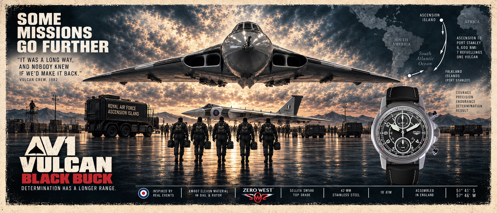 An old time style poster featuring the AV1 Vulcan watch by Zero West, on an airfield with pilots heading toward the Avro Vulcan XM607 bomber during mission black buck of the falklands war