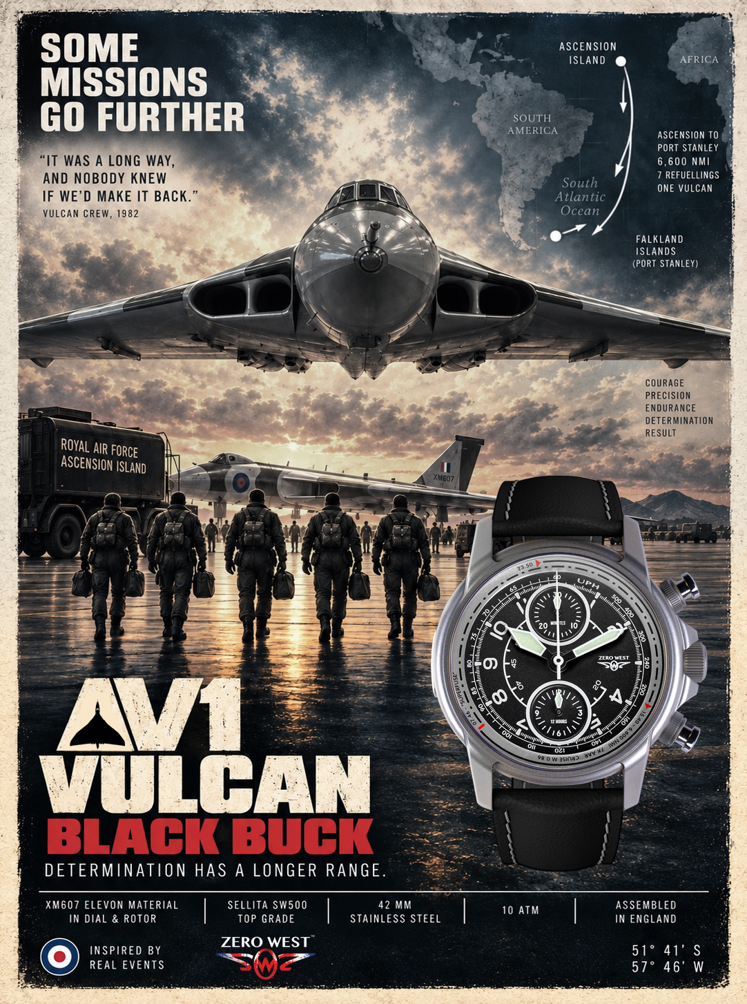 An old time style poster featuring the AV1 Vulcan watch by Zero West, on an airfield with pilots heading toward the Avro Vulcan XM607 bomber during mission black buck of the falklands war