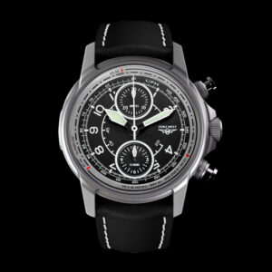 Front on shot of the AV1 Vulcan Pilots watch containing metal from falklands war bomber plane XM607 with black leather padded strap on a solid black backdrop