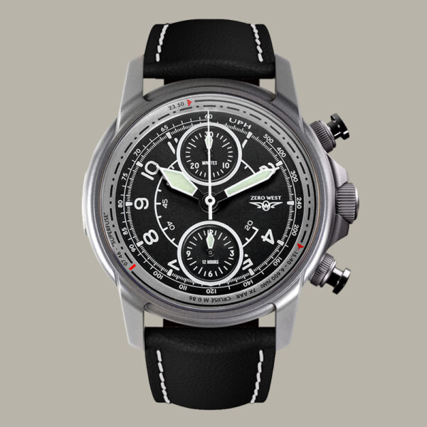 Front on shot of the AV1 Vulcan Pilots watch containing metal from falklands war bomber plane XM607 with black leather padded strap
