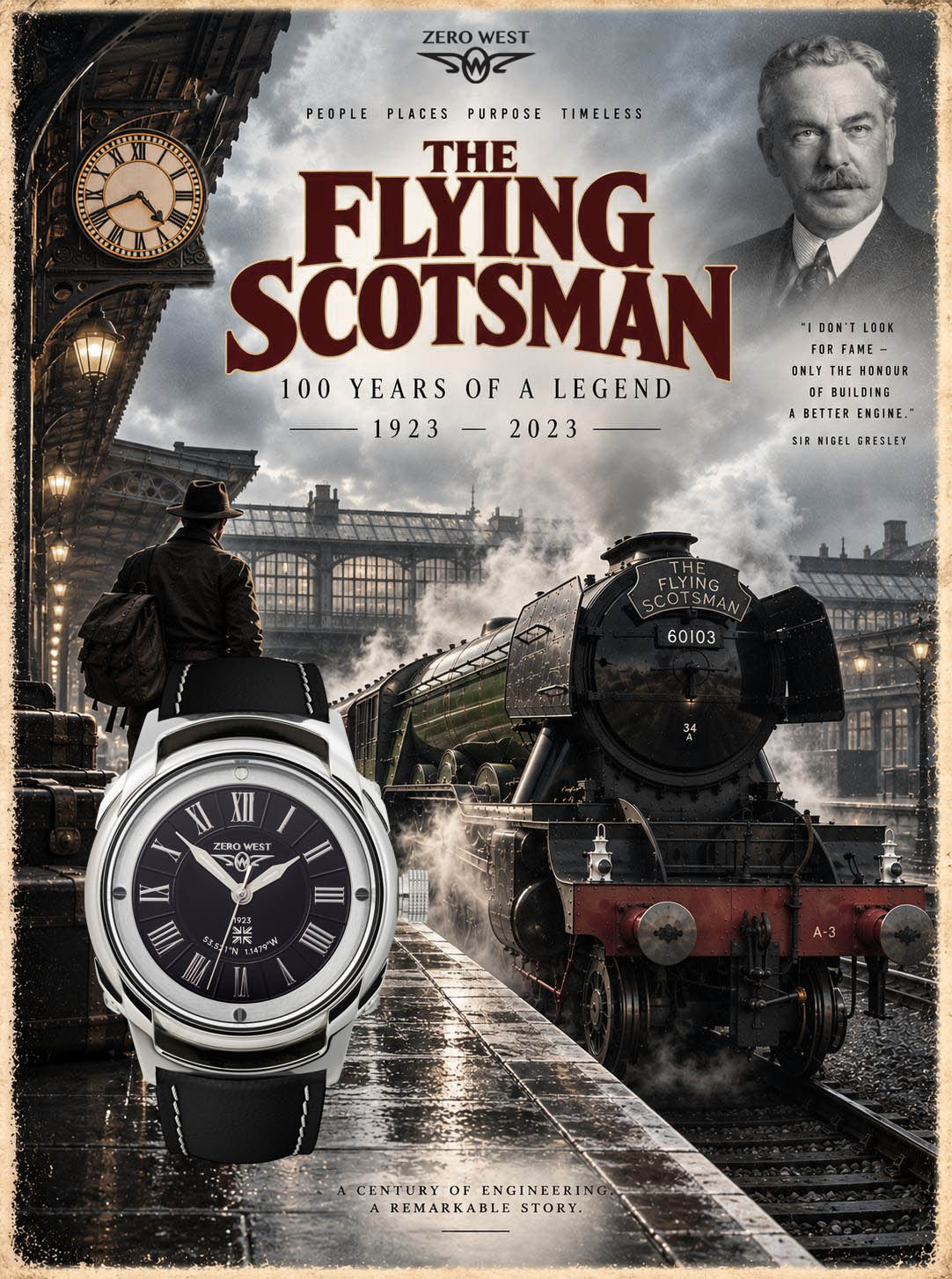 Vintage train advertisement for a watch
