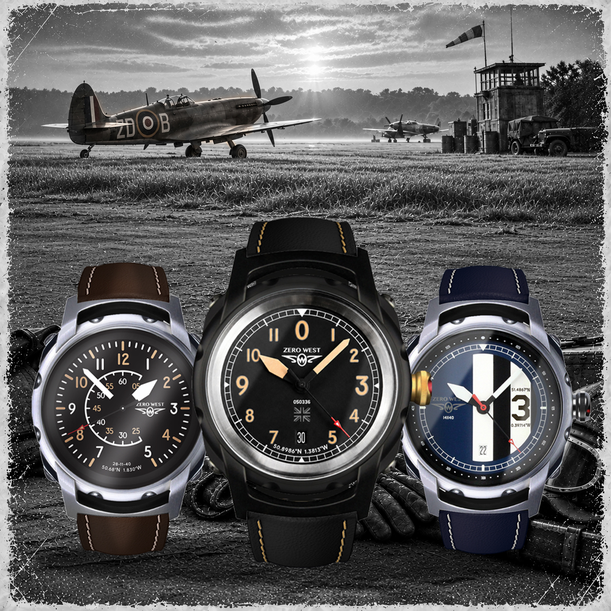3 British Watches from the Zero West AirSpeed range infront of scene dedicated to historical aviation and pilots