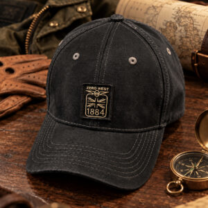 Dark cap with vintage emblem detail.