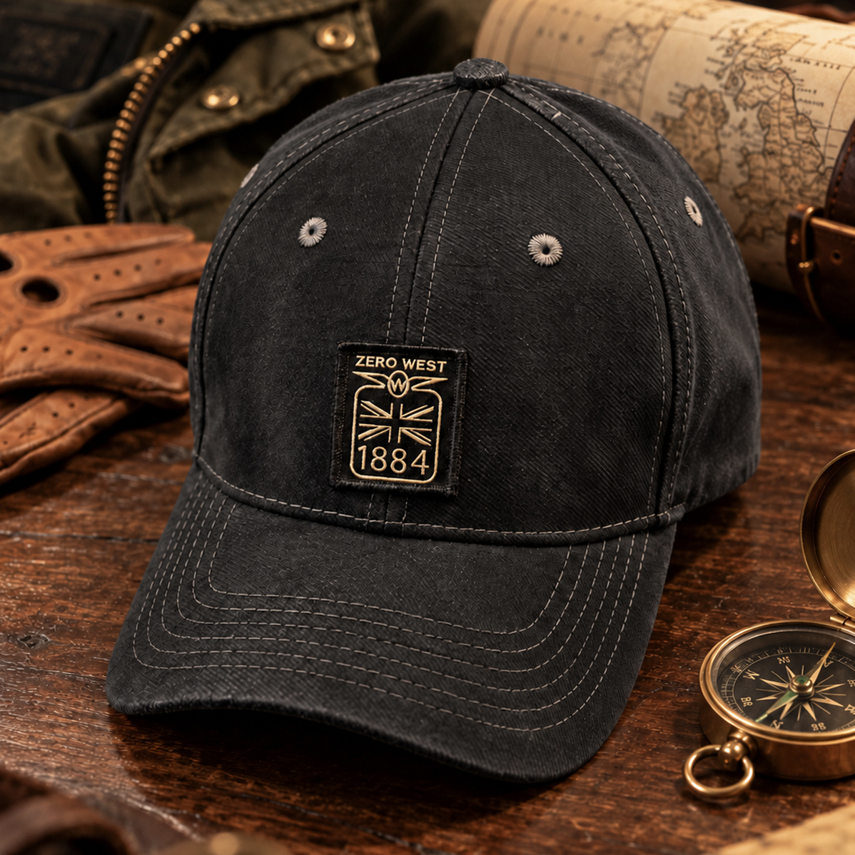 Dark cap with vintage emblem detail.