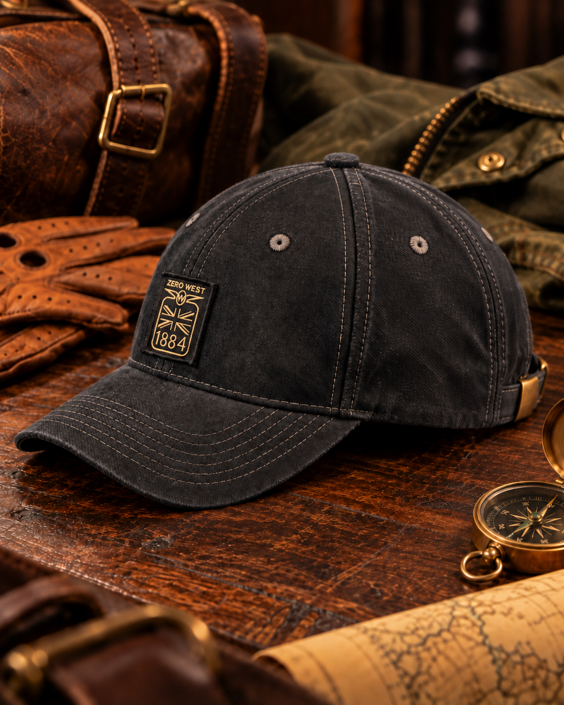 Stylish cap on rustic wooden surface.