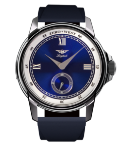 Elegant blue watch with Roman numerals.