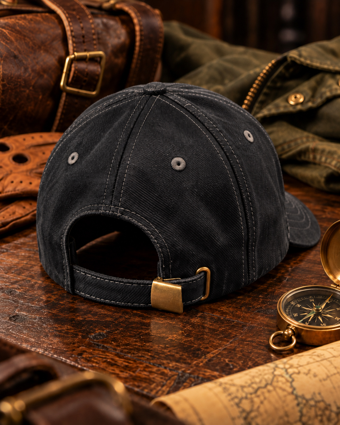 Black cap on wooden surface.