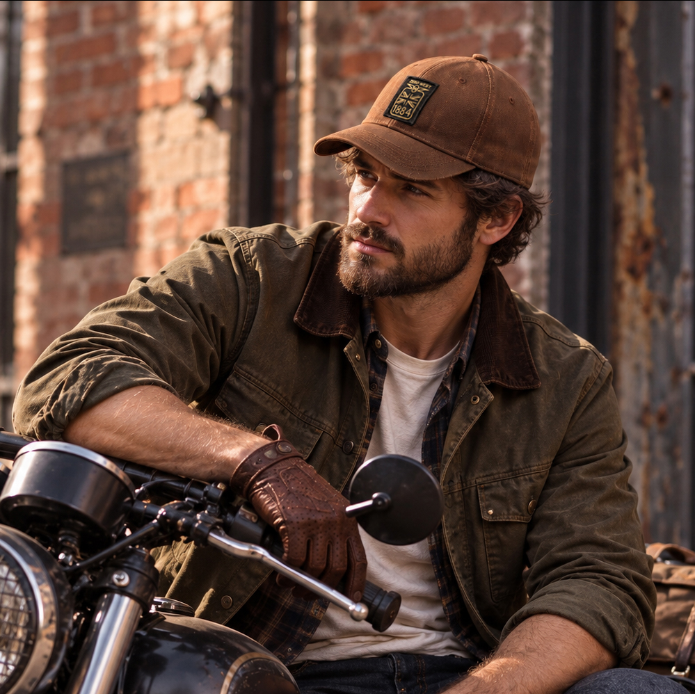 Man in cap sitting on motorcycle