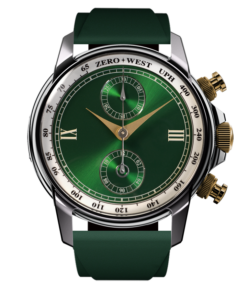 Elegant green watch with dual dials.